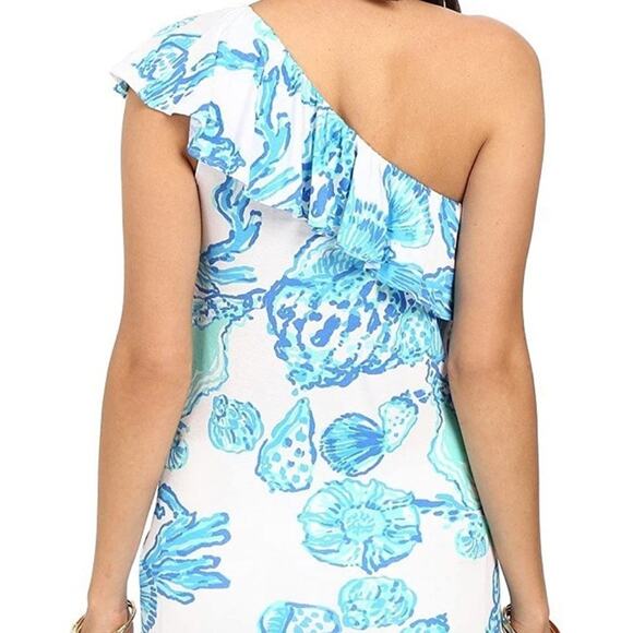 Lilly Pulitzer Neveah blue seashells ruffle one shoulder top blouse beach XS - Picture 2 of 9